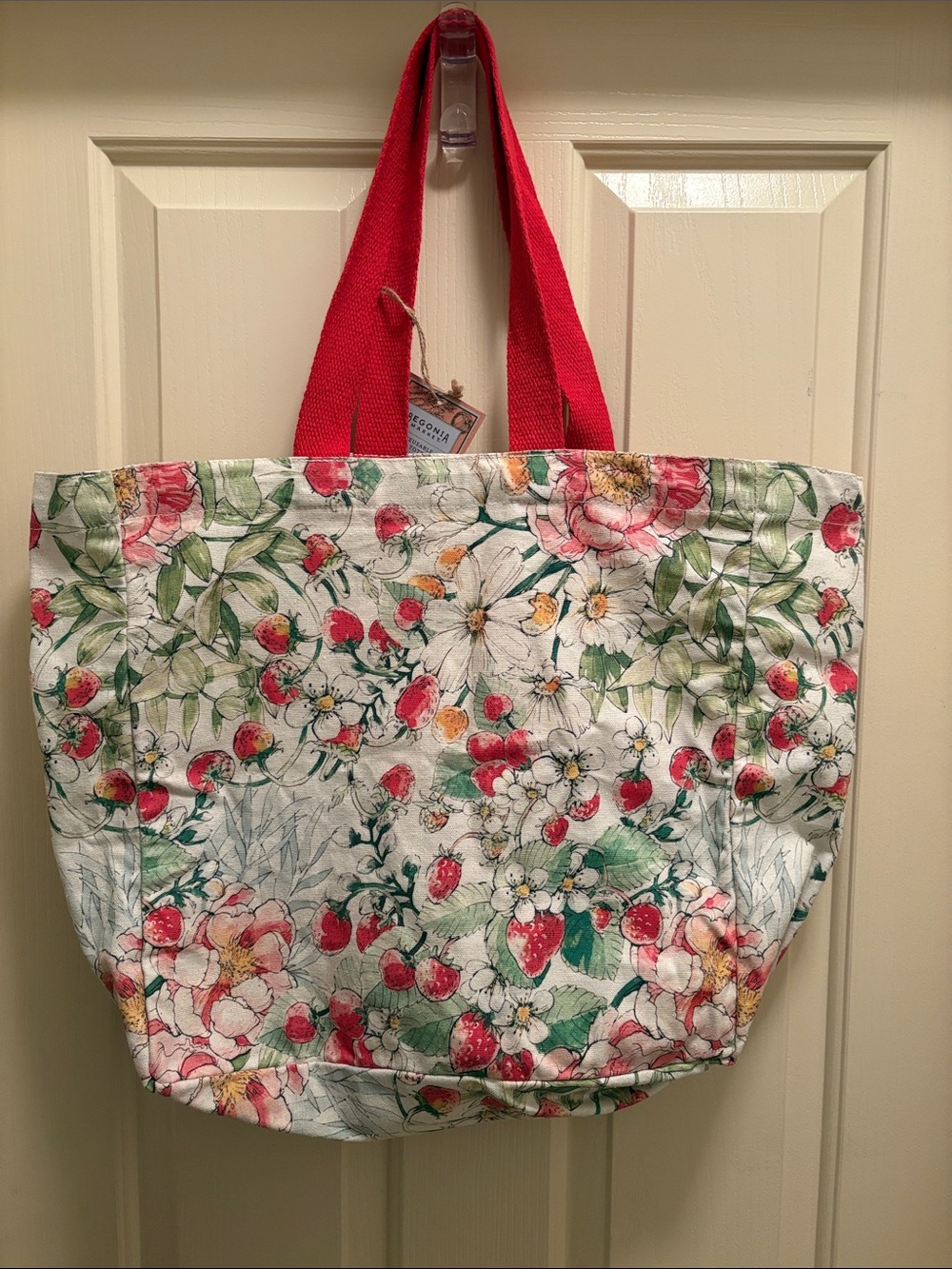 Floral Strawberry Print Tote Bag with Red Handles